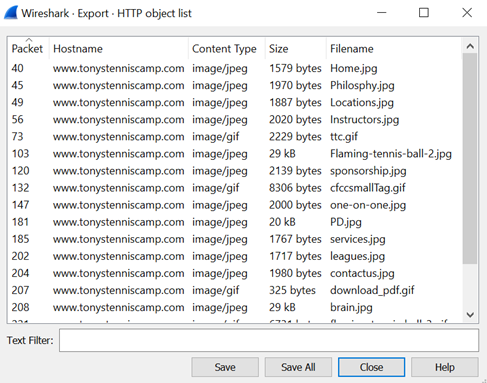 Wireshark HTTP object list